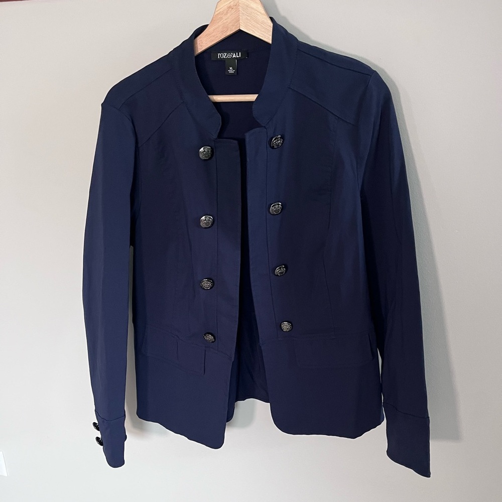 Roz &‎ Ali Navy Military Style Double Breasted Blazer Metal Buttons Workwear